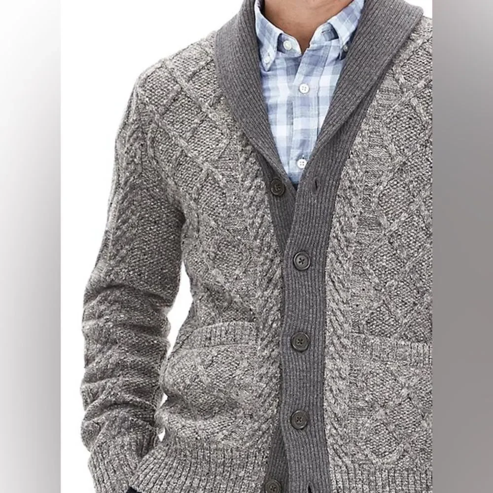 Banana Republic Gray Marled Chunky Cable Knit Cardigan Sweater Men's Small